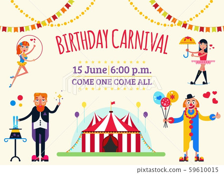 Big top circus show invitation poster vector illustration. Artists performers magician, clown 59610015