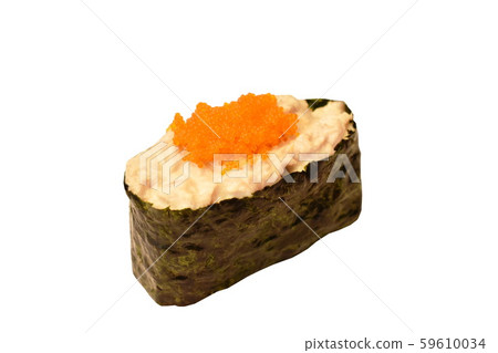 imitation crab stick topping shrimp egg salad maki Sushi Japanese food on white background 59610034