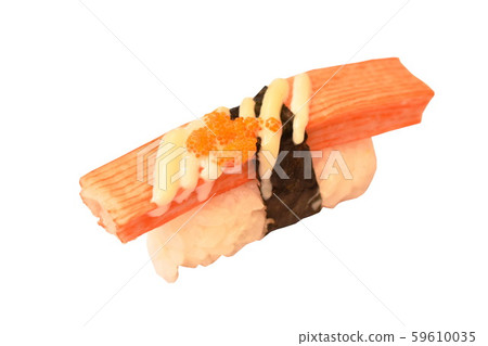 imitation crab stick topping shrimp egg maki Sushi Japanese food on white background imitation crab stick topping shrimp egg maki Sushi Japanese food on white background 59610035