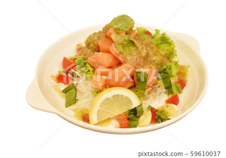 fresh salmon with vegetable spicy sauce salad on plate fresh salmon with vegetable spicy sauce salad on plate 59610037