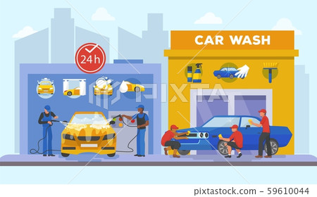 Car wash center full service day and night vector illustration. Men in uniform washing auto with Car wash center full service day and night vector illustration. Men in uniform washing auto with 59610044