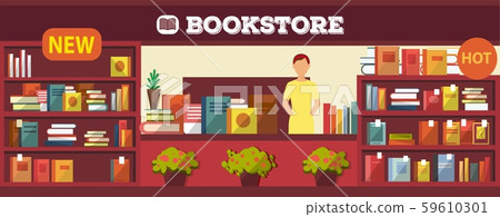 Book shop interior vector illustration. Various books on shelves\
and cashier desk indoors. Bookstore