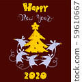 Sketching New year 2020 cute illustration, dancing rats and cheese tree. Hand drawn lettering and symbol of year in cartoon style 59610667