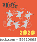 Sketching New year 2020 cute illustration, dancing rats and cheese figures. Hand drawn lettering and symbol of year in cartoon style 59610668