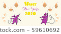 Hand drawn New year 2020 illustration with rats and lettering. Sketching horizontal cute banner in cartoon style. 59610692