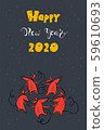 Sketching New year 2020 cute illustration, dancing rats and lettering. Hand drawn lettering and symbol of year in cartoon style 59610693