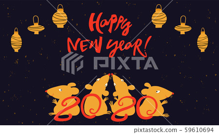 Hand drawn New year 2020 illustration with rats and lettering. Sketching horizontal banner with symbol of year Hand drawn New year 2020 illustration with rats and lettering. Sketching horizontal banner with symbol of year 59610694