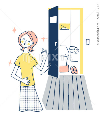 A woman coming out of the toilet with a smile 59610778