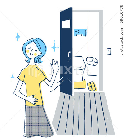 A woman coming out of the toilet with a smile 59610779