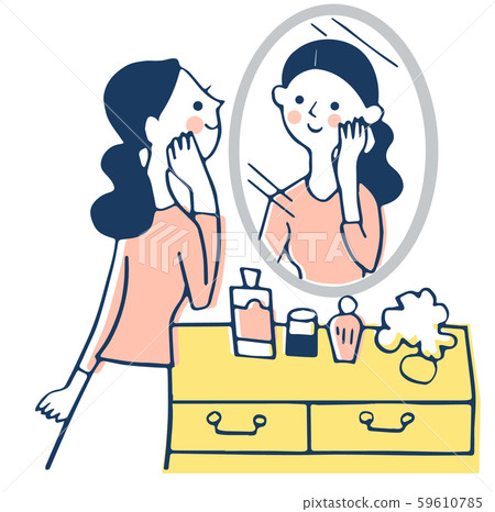Woman looking at her face in the mirror 59610785