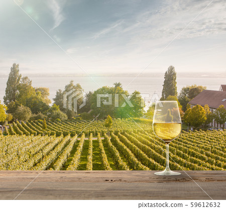 Glass of wine on wooden rail with country rural scene in background 59612632