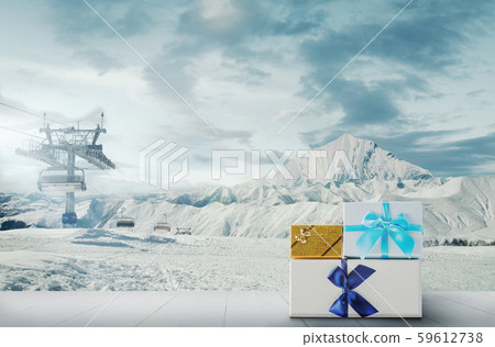 Gifts for family and landscape of mountains on background Gifts for family and landscape of mountains on background 59612738
