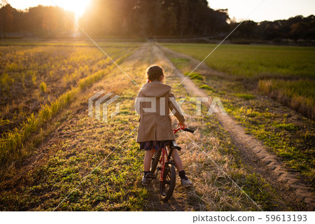 A girl riding a bicycle on a sunset path A girl riding a bicycle on a sunset path 59613193