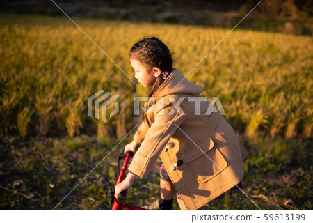 A girl riding a bicycle on a sunset path 59613199