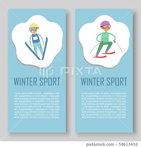 Skiing and winters sports vector banners set. Cartoon illustration of skier sportsman riding on snow Skiing and winters sports vector banners set. Cartoon illustration of skier sportsman riding on snow 59613438