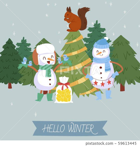 Cute snowman and winter forest vector illustration. Cartoon drawing of a snowy landscape with a cute Cute snowman and winter forest vector illustration. Cartoon drawing of a snowy landscape with a cute 59613445
