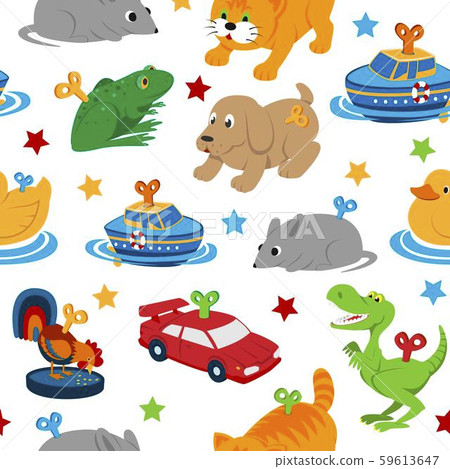 Clockwork toys with key vector seamless pattern. Mechanic toys for baby with mechanism for kids Clockwork toys with key vector seamless pattern. Mechanic toys for baby with mechanism for kids 59613647