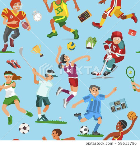 Sports seamless vector pattern with sportsmen playing soccer, football, basketball and cricket Sports seamless vector pattern with sportsmen playing soccer, football, basketball and cricket 59613786