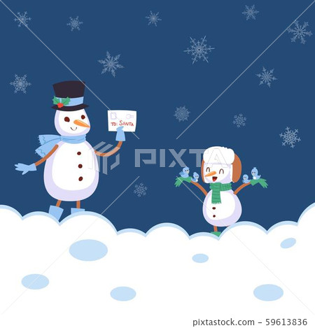 Winter landscape with snowmans with scarf, snowflakes and bird sitting on his hand and letter flat Winter landscape with snowmans with scarf, snowflakes and bird sitting on his hand and letter flat 59613836