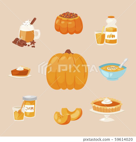 Pumpkins dishes vector cartoon illustration. Menu banner vegetarian elements with pumpkin pie, soup 59614020