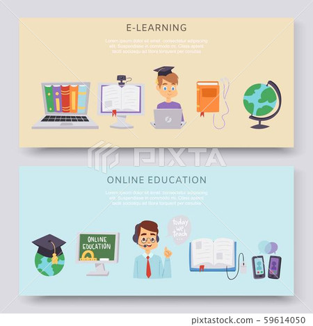 Online education, e-learning science vector illustration horizontal banners set. Online computer and Online education, e-learning science vector illustration horizontal banners set. Online computer and 59614050