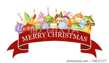 Red Merry Christmas ribbon with colorful glass... - Stock Illustration ...