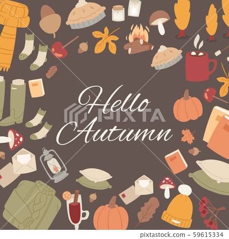 Hello autumn vector set of fall cute objects. Sweater, falling leaves, mushroom, pumpkin and woolen Hello autumn vector set of fall cute objects. Sweater, falling leaves, mushroom, pumpkin and woolen 59615334