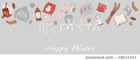 Cozy winter objects for holidays vector illustration. Gingerbread cookies, mittens, socks and Cozy winter objects for holidays vector illustration. Gingerbread cookies, mittens, socks and 59615341