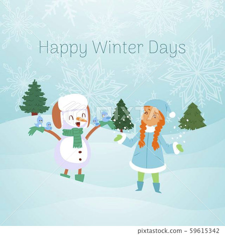 Snowman and snow maiden with winter landscape postcard vector illustration. Happy new year and merry Snowman and snow maiden with winter landscape postcard vector illustration. Happy new year and merry 59615342