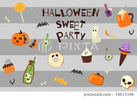 Halloween scary sweets party vector illustration. Lollipop\
candy, skull cake, pumpkin with jelly