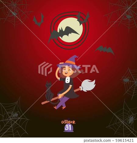 Halloween witch girl flying on a broomstick vector illustration. Cartoon witch with black cat, bats 59615421
