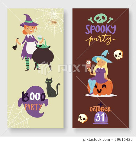 Halloween spooky party vector illustration banners set. Witch, pumpkin, black cat, magic cauldron Halloween spooky party vector illustration banners set. Witch, pumpkin, black cat, magic cauldron 59615423