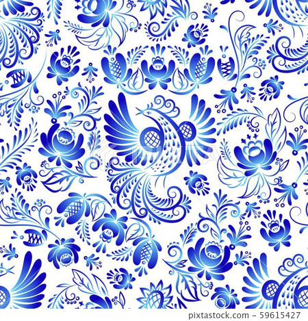 Russian ornaments gzhel art seamless vector pattern, illustration of blue colored flowers and bird Russian ornaments gzhel art seamless vector pattern, illustration of blue colored flowers and bird 59615427