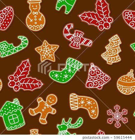 Gingerbread cookies for christmas seamless vector pattern. Xmas gingerbread leaves, stockings and Gingerbread cookies for christmas seamless vector pattern. Xmas gingerbread leaves, stockings and 59615444