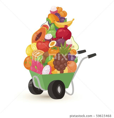 Wheelbarrow of exotic tropical fruits, vegetarian food vector illustration. Cartoon fruity Wheelbarrow of exotic tropical fruits, vegetarian food vector illustration. Cartoon fruity 59615468