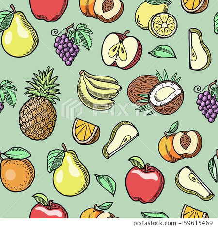 Sketch tropical fruits vector seamless pattern. Ink pen orange slices, pears, grapes and bananas 59615469