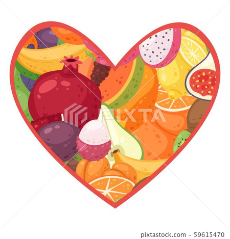 I love Fruits vector illustration. Heart with tropical healthy fruity food. Apricot, grapefruit I love Fruits vector illustration. Heart with tropical healthy fruity food. Apricot, grapefruit 59615470