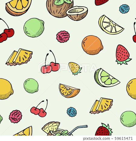 Hand drawn fruits and berries vector seamless pattern. Ink pen cherry, lemon slices, strawberry and Hand drawn fruits and berries vector seamless pattern. Ink pen cherry, lemon slices, strawberry and 59615471