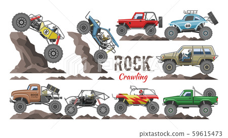 Monster truck vector cartoon rock vehicle crawling in rocks and extreme transport rocky car Monster truck vector cartoon rock vehicle crawling in rocks and extreme transport rocky car 59615473
