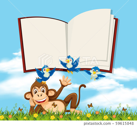 A monkey in nature with blank book template 59615848