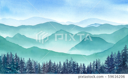 藍天無雲，山景水彩插圖 59616206