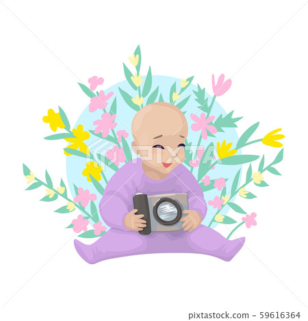 Baby boy holds house in hand. Vector character designe Baby boy holds house in hand. Vector character designe 59616364