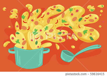 Saucepan with ladle. Cooking hot soup. Splash out of dishes. Vector illustration Saucepan with ladle. Cooking hot soup. Splash out of dishes. Vector illustration 59616415
