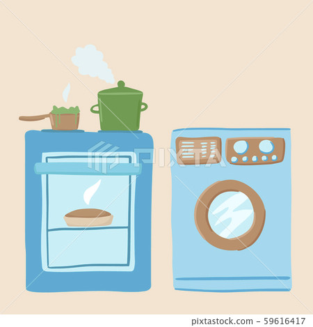 Cartoon illustration of stove and oven. Washing machine in the kitchen. Vector drawing 59616417