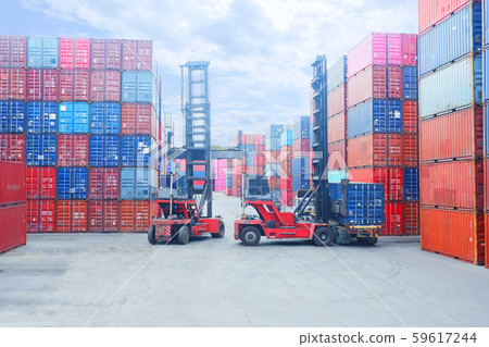 Forklift truck lifting cargo container in shipping Forklift truck lifting cargo container in shipping 59617244