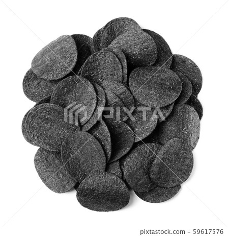 Top view of black potato chips isolated 59617576