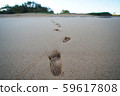 Tracks left by a child on the sandy beach 59617808
