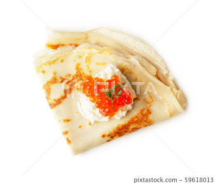 Pancake with red caviar and cream cheese top view 59618013