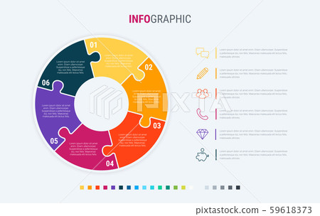 Infographic template. 6 options circle design with beautiful colors. Vector timeline elements 59618373