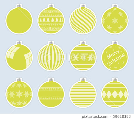 Magic, yellow-green christmas balls stickers isolated on gray background. High quality vector set 59618393